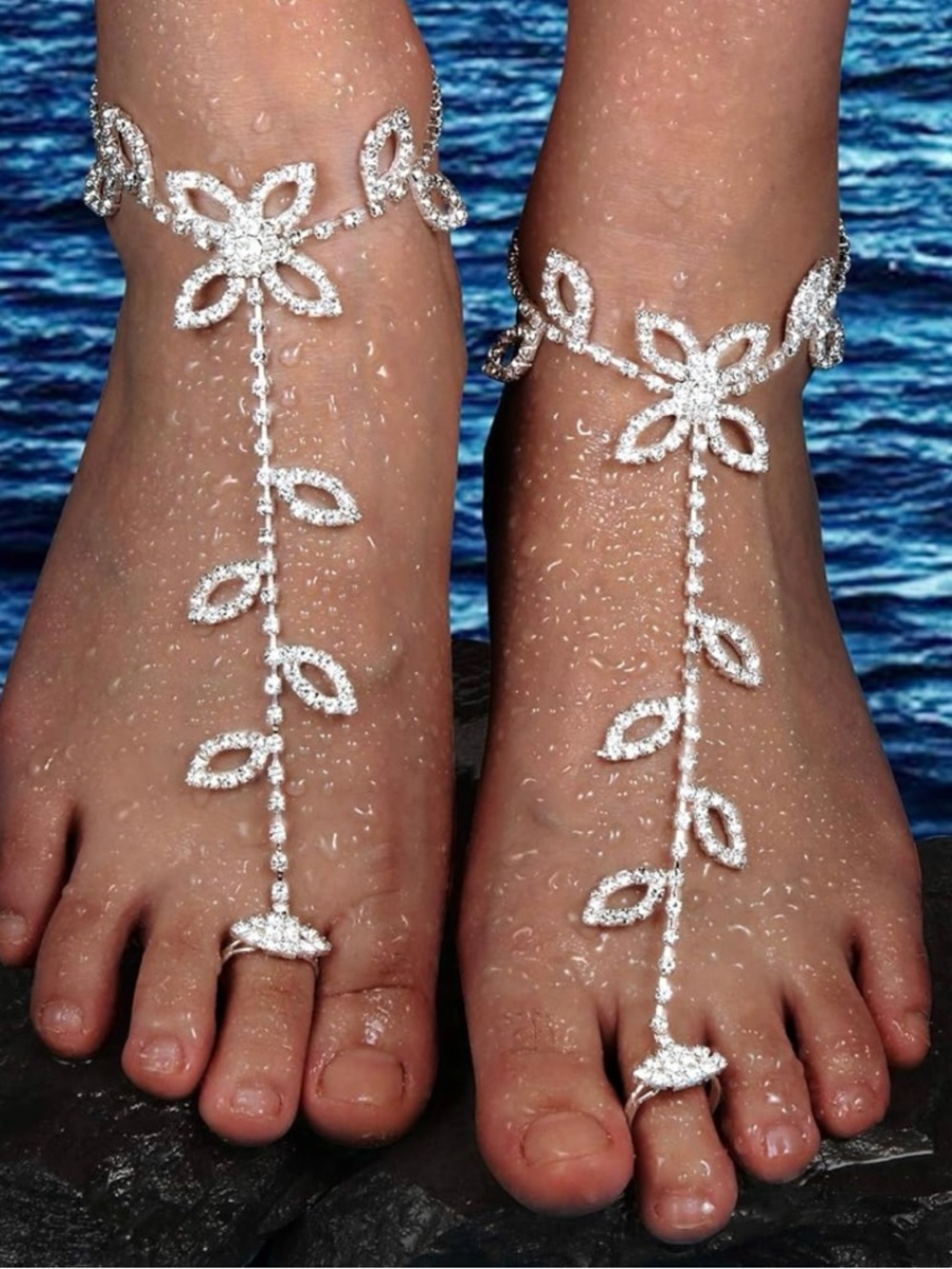 Rhinestone Flower Barefoot Jewelry in Silver
